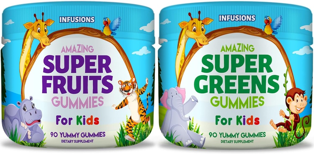 子供のためのスーパーフルーツとスーパーグリーンのガミーを注入 180 カウントスーパーフードブレンド ソフトとおいしいグルテンフリー非GMO