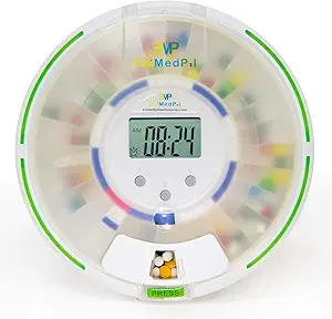 EziMedPil Automatic Pill Dispenser with Alarm, Sound & Light, up to 6 Alarms/Day, 6 Dosage Templates, Easy-Read Display, Frosted Lid & Locked 28-Day Medication Dispenser for Protecting Pills Privacy