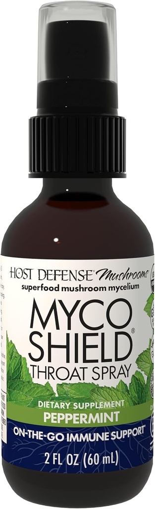 Host Defense MycoShield Throat Spray - Immune Health Support - Dietary Mushroom Supplement with Chaga, Reishi, Turkey Tail & More - On-The-Go Immune Support - Peppermint, 2 fl oz (142 Servings)*