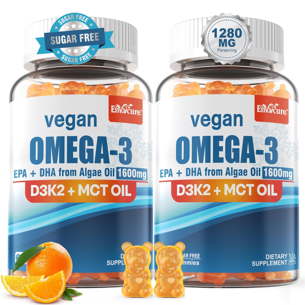 ビーガンオメガ3グミー1280mg +ビタミンD3 K2(MK7)、オメガ3フィッシュオイル大人のための代替、w / Algae EPA 600mg&DHA 400mg、MCTオイル - 魚の味 - 脳、目、免疫の健康、砂糖無料、2パック