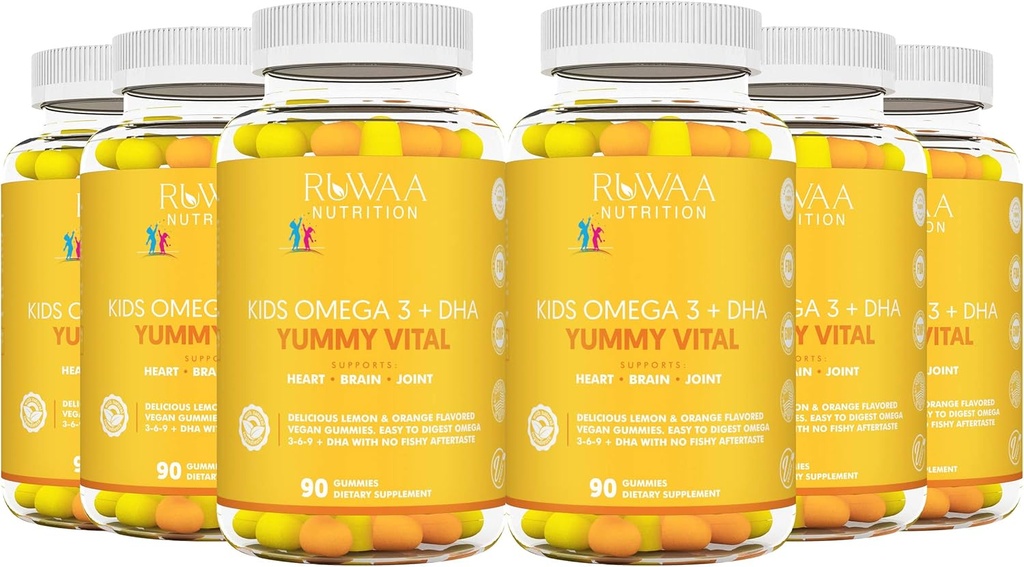 RUWAA NUTRITIONキッズオメガ3グミーDHA EPAオメガ3サプリメントキッズ。 魚油後味ビーガンオメガ3 6 9 + DHAグミー&ビタミンC.認知健康, 焦点, ビジョン. 子供たちオメガ3 540ct (6)