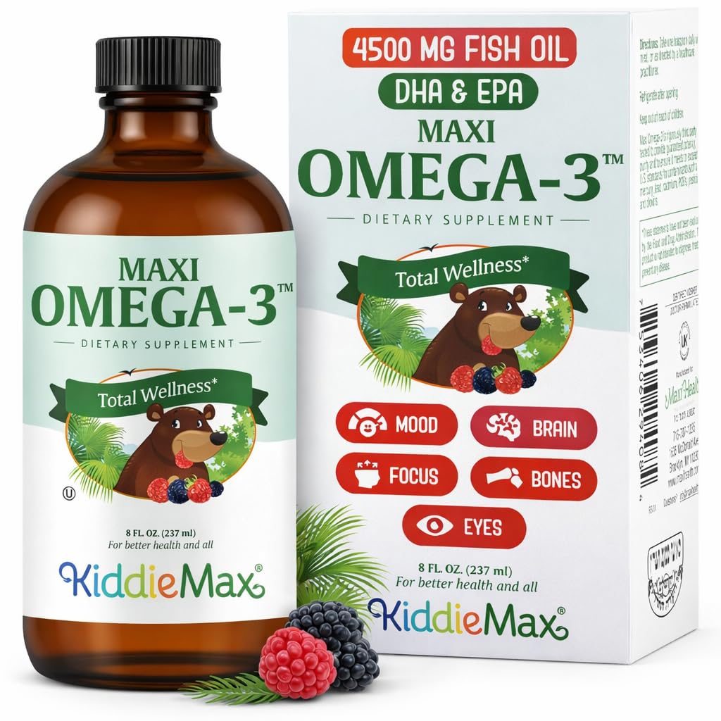 Maxi Health Omega 3 for Kids Supplement - コシャオオメガ3キッズフィッシュオイルDHA&EPA - フルーツバースト風味の液体魚油サプリメント - ムード、脳、フォーカス、ボンズ&アイ(8オンス)をサポート