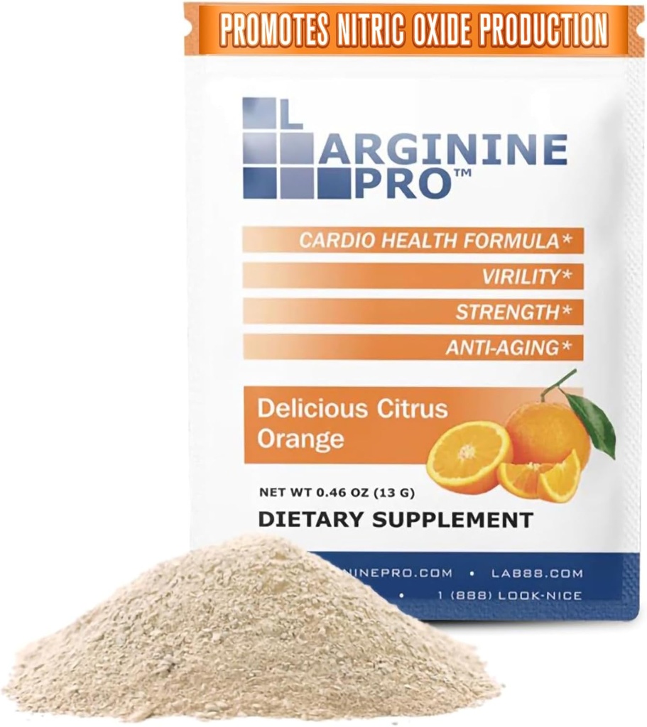 L-ARGININE PRO サプリメントパウダー | 30 パケット シングル サーブ トラベル サイズ | 5,500 L-アルギニン プラス 1,100 mg L-シトルリン, オレンジ