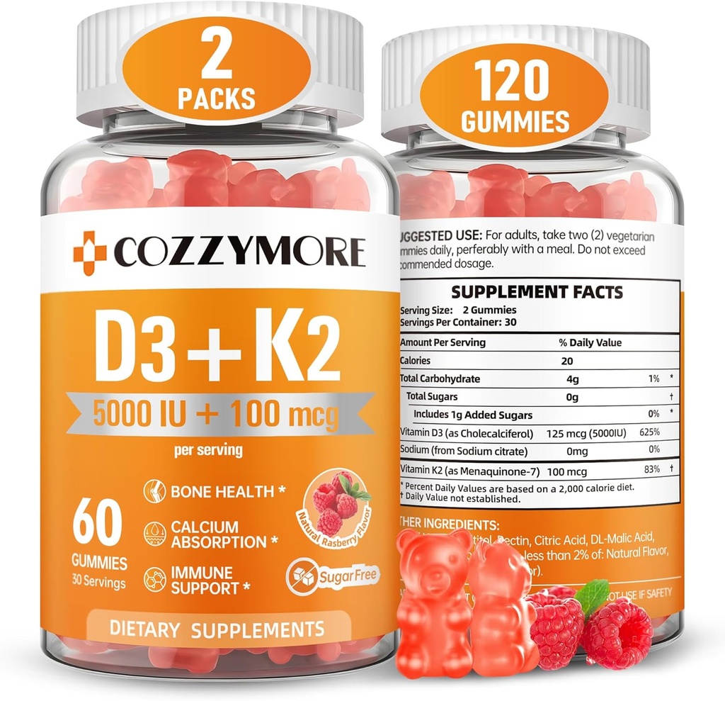 砂糖の自由なビタミンD3 K2のグミー、ビタミンDのグミーの補足、10000 IU + 200mcg D3およびK2の補足、おいのビタミン、骨のためのサポート 筋肉歯の免疫、60のサービング120のグミー、ラズベリー