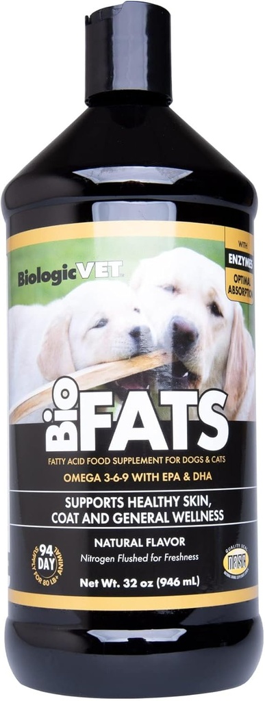 BiologicVET BioFATS - Omegas 3、6、9 - EPA、DHA、ALA - 犬と猫のための - 皮膚と関節の健康サポート - 魚、亜麻仁、オリーブオイル - 32 flが含まれています。 oz。
