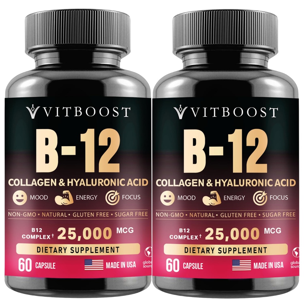 B12 メチルコバルミンとヒアルロン酸、コラーゲン、フレート - 25000 mcg サプリメントは、吸収とブーストエネルギーを強化します。 | グルテンフリー、米国製、B1、B2、B3、B6、B7 複合 - パック 2