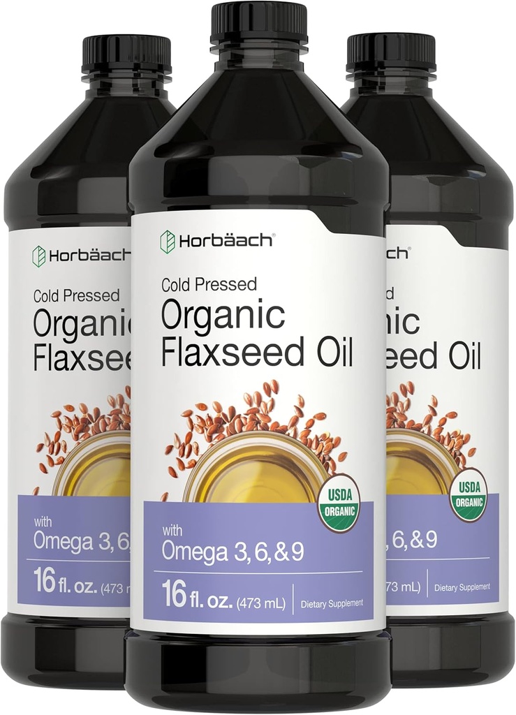 Horbäach Organic Flaxseed Oil | 3 Pack | 16 fl oz Each | Cold Pressed | with Omega 3, 6, 9 | Vegetarian, Non-GMO, Gluten Free Liquid