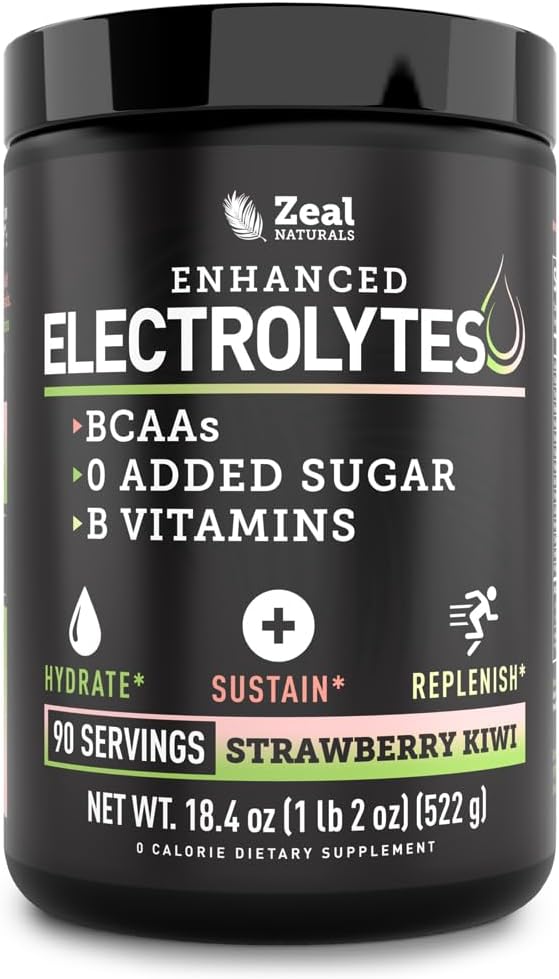 Zeal Naturals Electrolyte Powder Recovery Drink (90 Servings | Strawberry Kiwi) w 0 Sugar +BCAAs +B-Vitamins Electrolyte Supplement w Potassium Zinc & Magnesium for Hydration - Keto Electrolytes