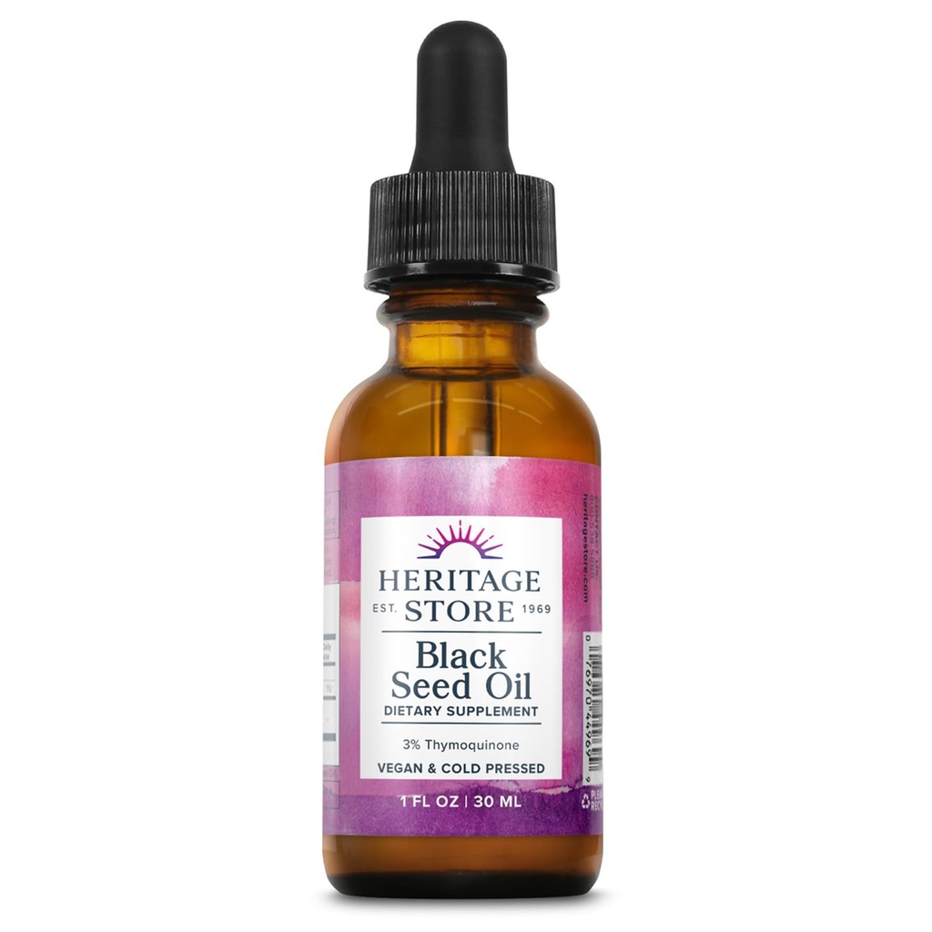 HERITAGE STORE Black Seed Oil w/3% Thymoquinone, Omega 6 9 - Nigella Sativa Liquid Oil, Black Seeds, 関節, 消化と免疫サポート, ビーガン, 60日保証, 30 サーブ, 1 fl oz
