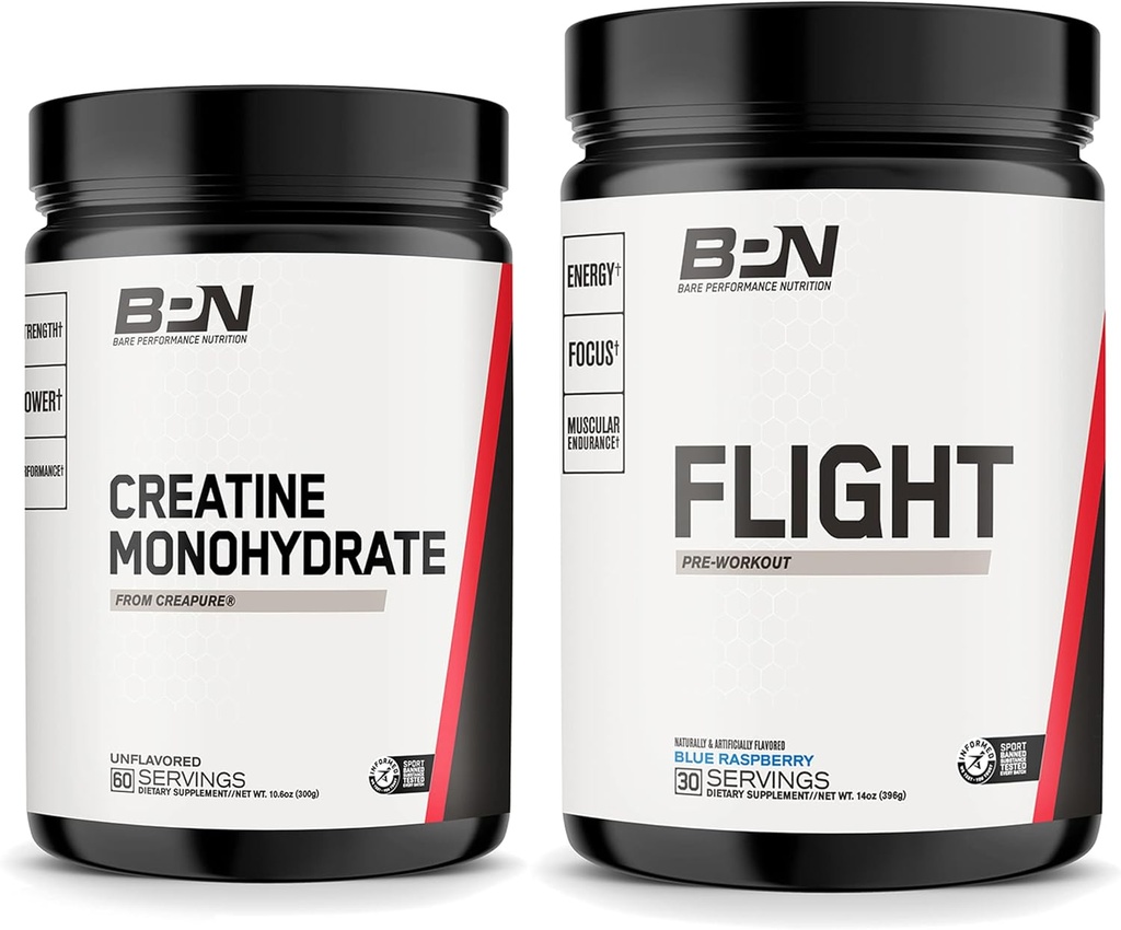 BARE PERFORMANCE NUTRITION BPN クレアチン モノハイドレート & フライト プレワークアウト (ブルー ラズベリー) バンドル