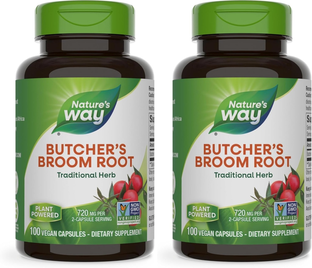 Nature's Way Butcher's Broom Root, Traditional Leg Vein Support*, 100 Vegan Capsules (Pack of 2)