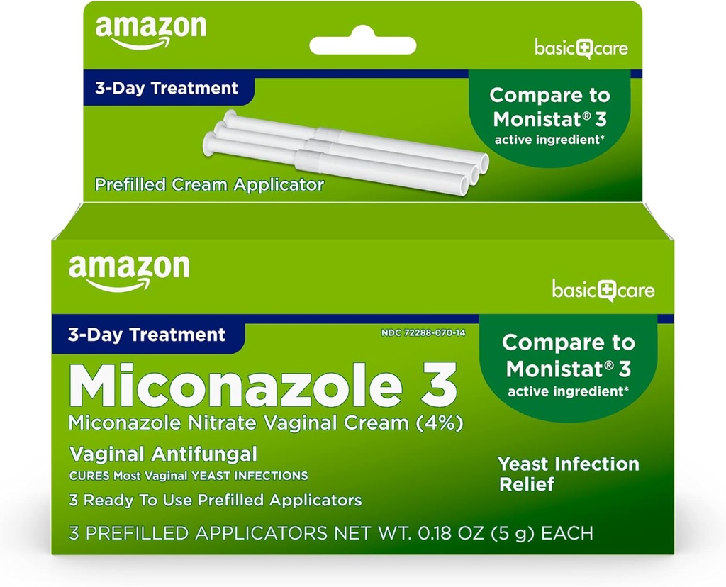 Amazon ベーシックケア Miconazole Nitrate 腟のクリーム (4 パーセント)、女性のための 3 日東の感染症の処置、0.18 オンス - 3 カウント (パッケージ 1)