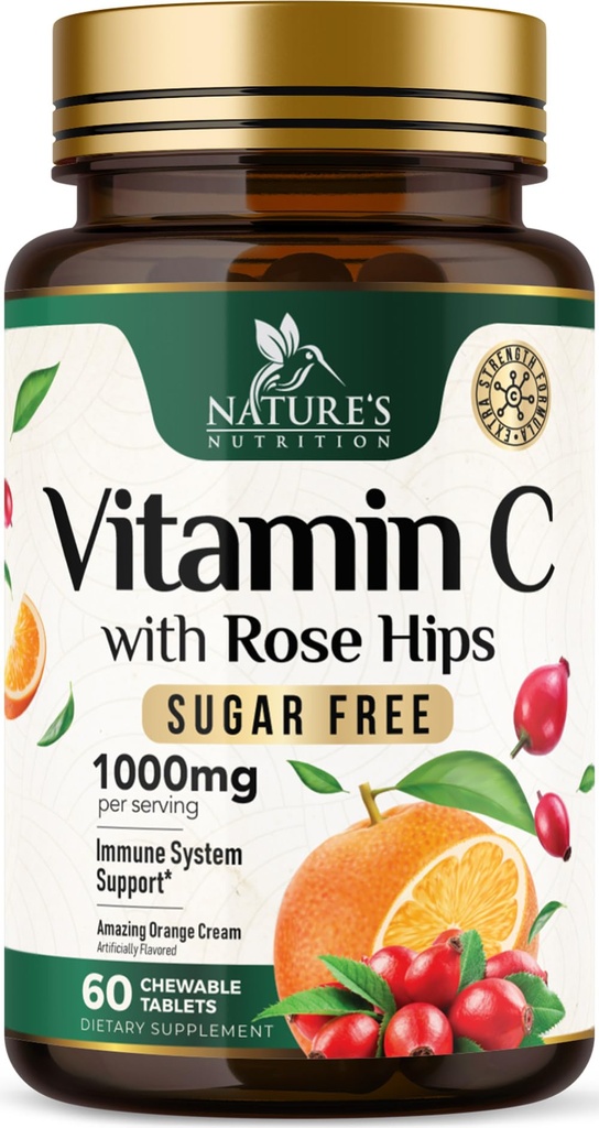 ビタミンCのChewable 1000mg - 強力な免疫サポートのための余分な強さの酸化防止剤w/ビタミンC及びローズHIPS - 有効な食事療法VIT Cの咀嚼の補足、自然なオレンジ味、ビーガン、非GMO - 60のタブレット