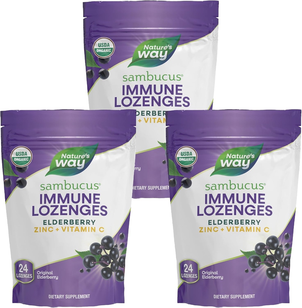 Nature's Way Sambucus Immune Lozenges、亜鉛+ビタミンC、ブラックエルダーベリーエキス、USDA認定オーガニック、オリジナルベリー風味、24ローゼンジ(パッケージ5月Vary) - 3パック