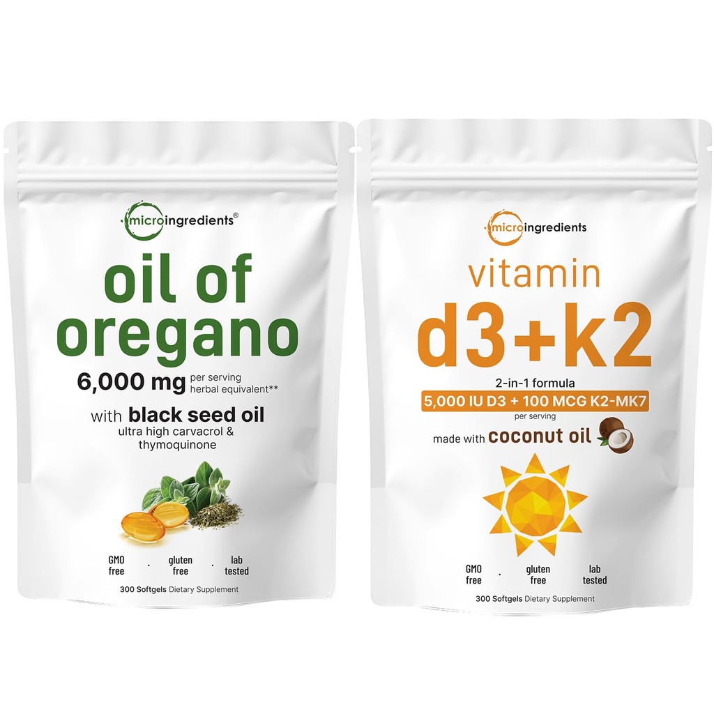 Oregano Softgelsのマイクロ原料オイル 6,000mg/サービング及びビタミンD3 5000 IUのプラスK2 (MK-7) 100 mcg、300のバージンのココナッツ オイルのSoftgelsの束のパック  4X強さCarvacrol及びThymoquinonの 本質的