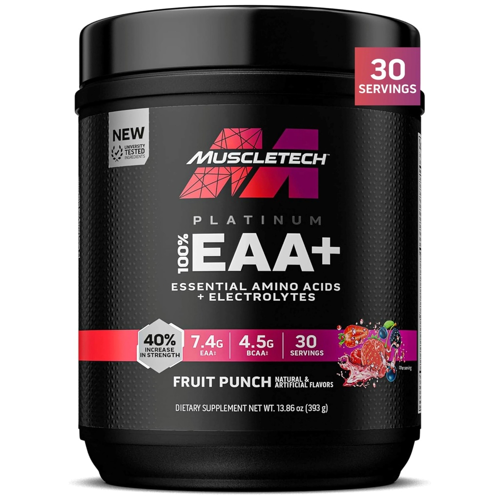 MuscleTechプラチナエッセンシャルアミノ酸は、電解液、フルーツパンチ - エネルギー、筋肉の成長と強度ビルダーのためのプレワークアウトパウダー - 男性と女性のためのAAAコンプレックス - 30サービング