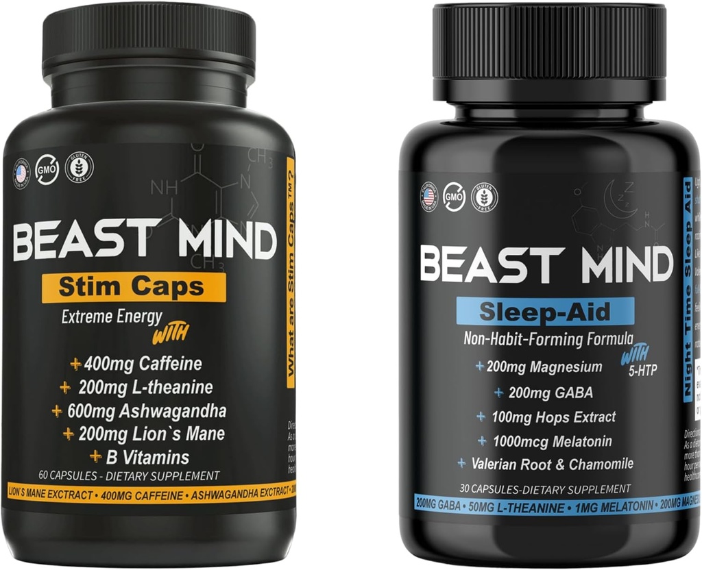 スリープエイドバンドル付きデイ&ナイトエナジー | 400mgカフェイン | 600mg アシュワガンダ | 200mg ライオンズマネ | 増加したエネルギーとフォーカス & GABA、バレリアンルート、カモミール、メラトニン、マグネシウムと睡眠補助金