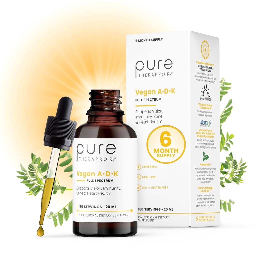 純粋なTheraPro RxのビーガンA-D-Kの低下6の月の供給Vitamin A (Palmitate及びベータカロチン)、LiposomalのビタミンD3 (ビーガンコレステロールとして)、LiposomalのビタミンK2 (MK-4及びMK-7)サポート免除及び骨の健康-20mL