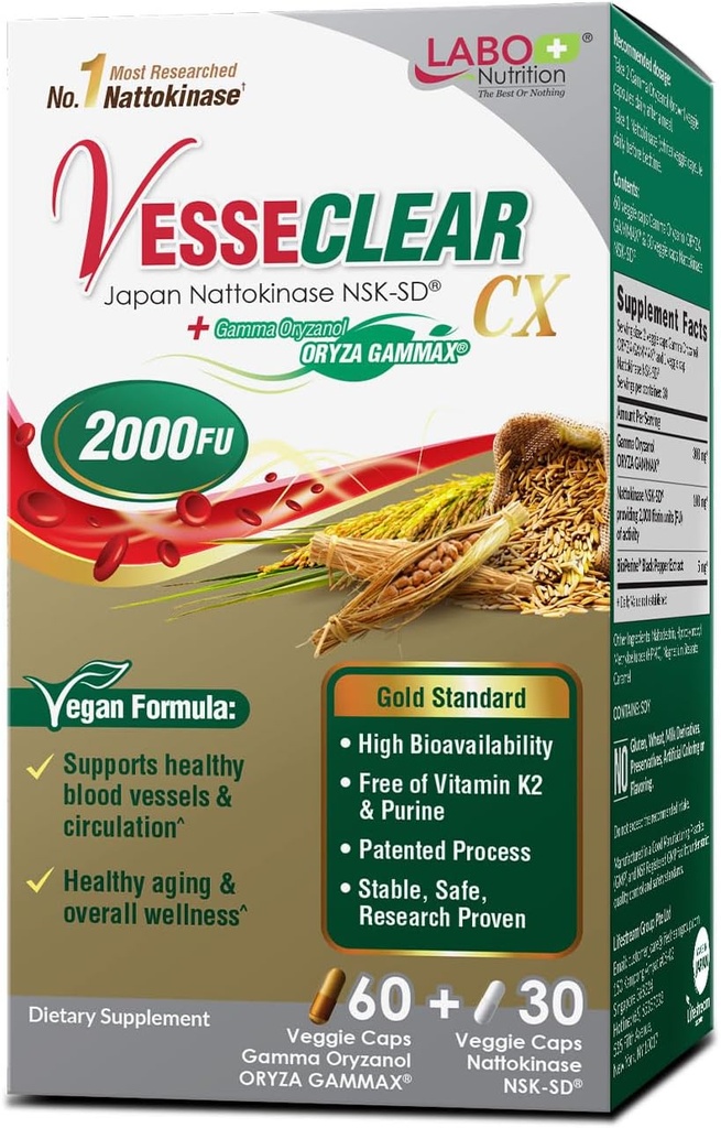 LABO Nutrition VesseCLEAR CX:Nattokinase NSK-SD + Gamma Oryzanol for Clean Blood Vessel & Healthy Ageing, Japan's most Clinically Studied, Support Healthy Cholesterol, Heart, ビーガン, 酸抵抗剤