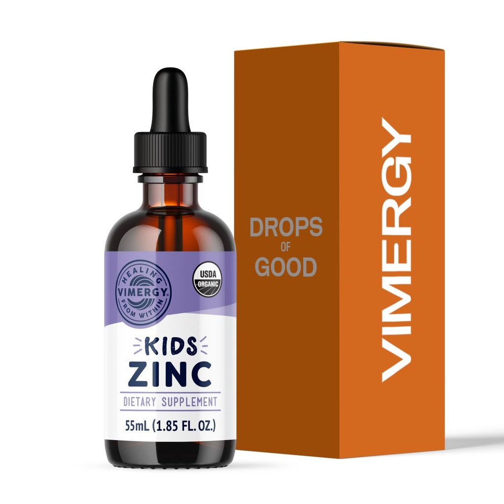 VIMERGYキッズUSDAオーガニック液体亜鉛硫酸塩 - 子供用&Adolescence 1-18歳用、Fast-Absorbing免疫サポート* - 健康な骨、髪、皮膚を促進します。 コーシャ、ビーガン、非GMO - 55 mL