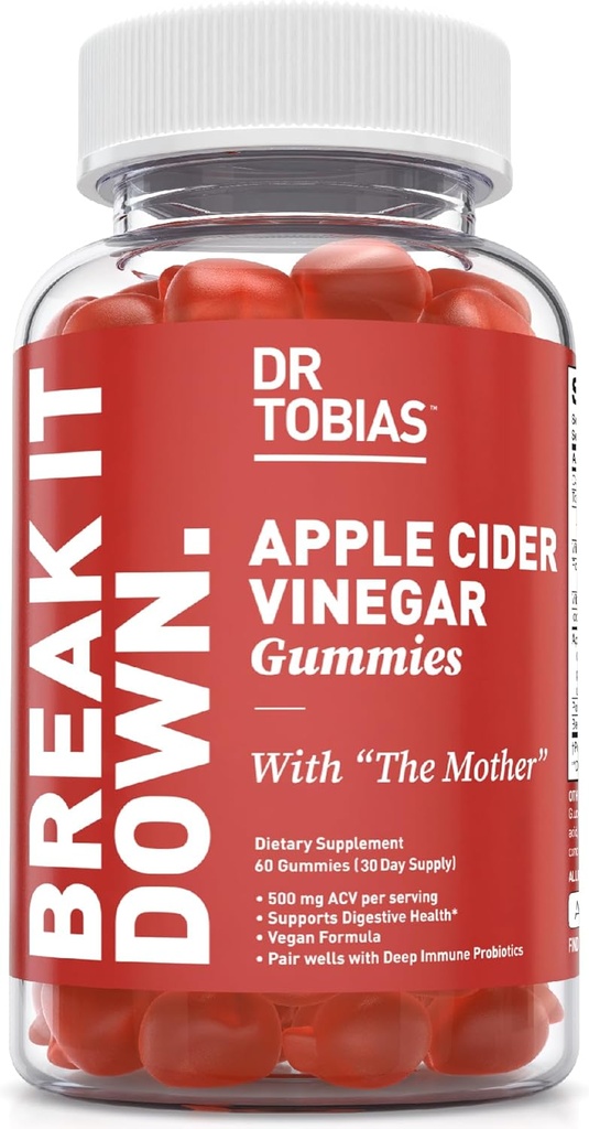 Dr. Tobias Apple Cider Vinegar Gummies with the Mother, 500mg ACV per Offering, Plus Folate, B6, B12 & Iodine, サポート消化の健康, Gut Cleanse & Detox, ビーガン, 60 Gummies