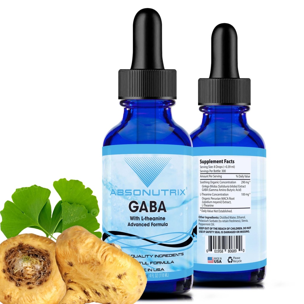 米国で作られたL-テアニン290mg、4 Ozの液体、300のサービングが付いているAbsonutrix GABA、速い吸収、質の有効な原料、非GMOのGMPによって証明される設備、残酷なしプロダクト