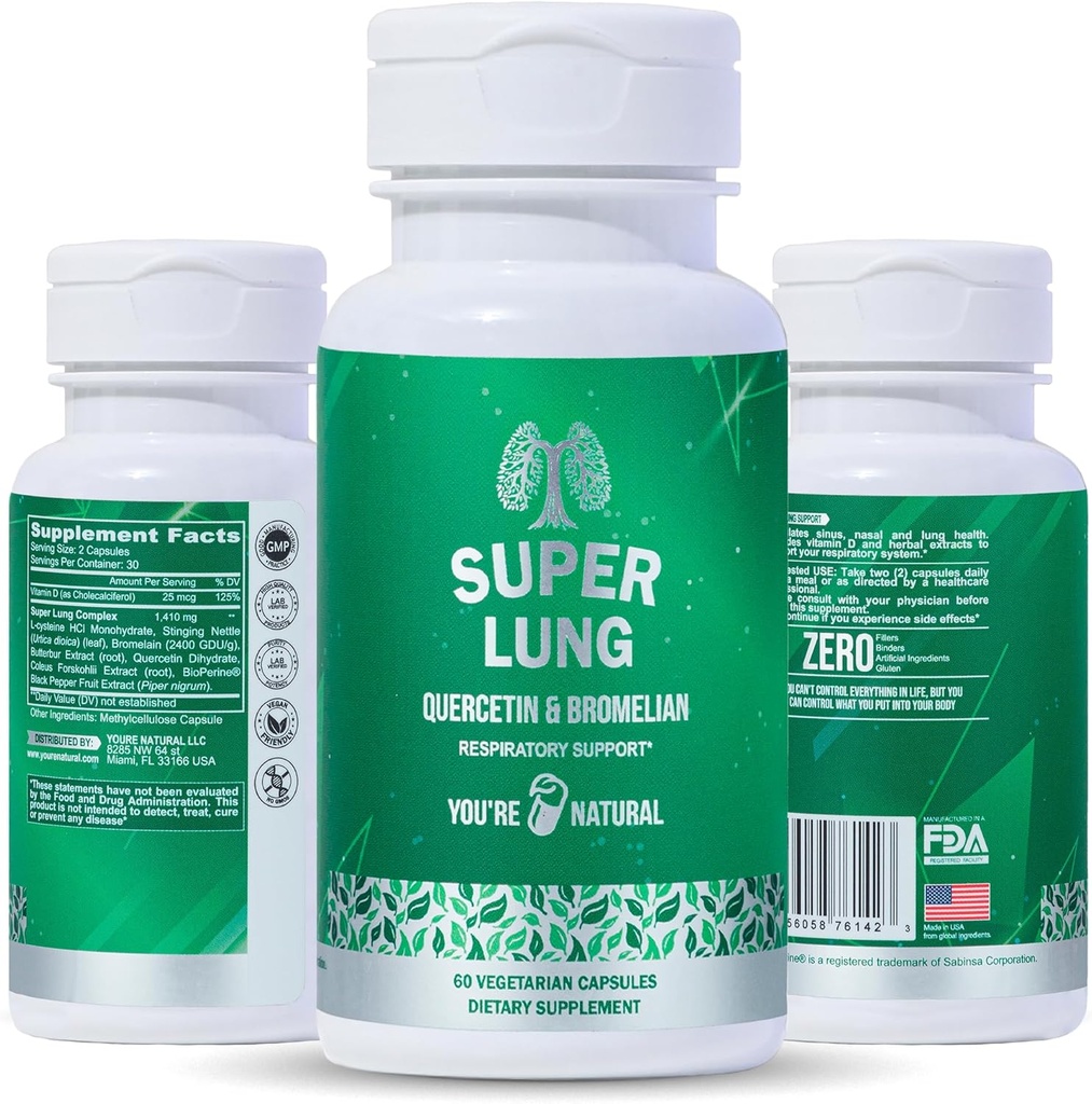 YOU'RE NATURAL Lung Support Supplement & Respiratory Health, Promote Nasal, Chest & Bronchial Health, Support Immune System, Open and Clear Airways - Quercetin, Bromelain, Vitamin D - 30 Days Supply