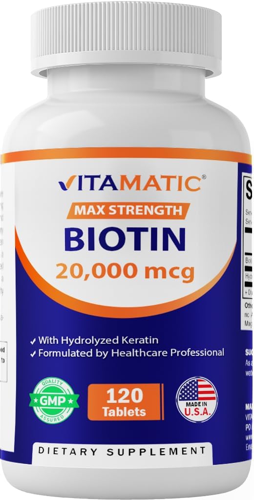 Vitamaticの高い効力のBiotin 20000のmcg (20mg)およびKeratin 100mg - 120のベジタリアン タブレット-大人のための健康な毛皮及び釘のためのBiotinの補足(120の計算)