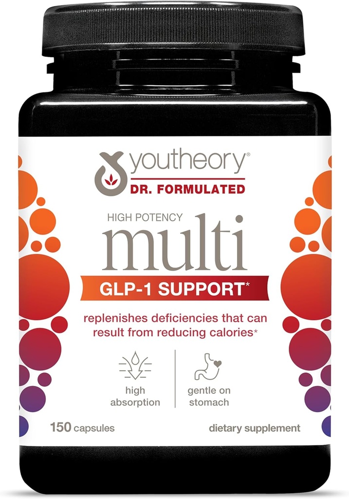 Youtheoryの高い効力の多GLP-1サポート-高い吸収のMultivitamins -免疫サポート及び骨の健康のための-胃の穏やかな-ビタミンD、C、鉄及び多く- 150のベジタリアン カプセル