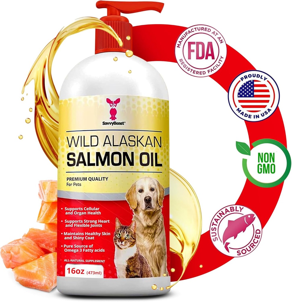 犬、猫&フェレットのためのSavvyBeast野生アラスカサーモンオイル - EPA&DHAとオメガ3魚油ペットサプリメント - 皮膚、コート、関節、心臓、脳、痛みの軽減と免疫をサポート - 16オンス