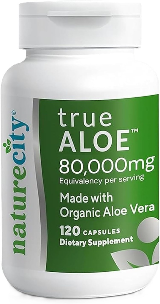 NatureCity True-Aloe Gut Health Support - 80,000mg Aloe Vera Gel は、サービングごとに同等 – 有機アロエベラ(120カプセル)は、消化器、皮膚および関節サポートのために | 小さな簡単にスワロピル