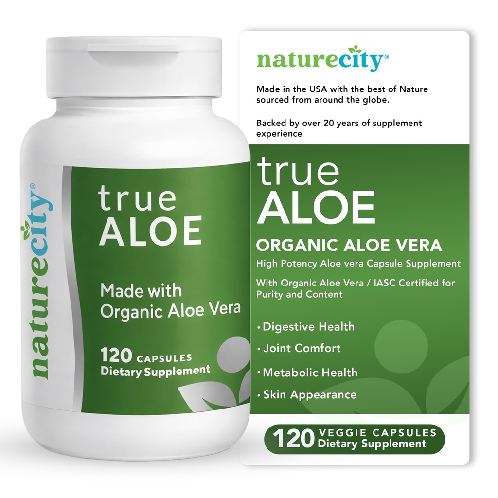 NatureCity True-Aloe Gut Health Support - 80,000mg Aloe Vera Gel は、サービングごとに同等 – 有機アロエベラ(120カプセル)は、消化器、皮膚および関節サポートのために | 小さな簡単にスワロピル