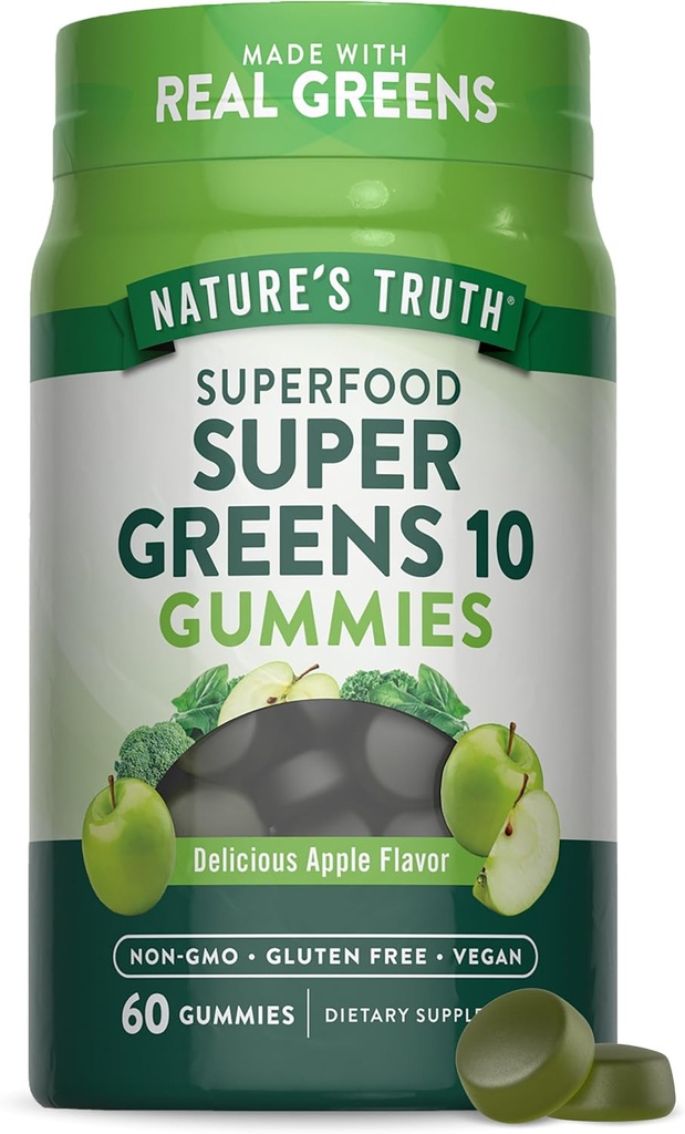 Nature's Truth Super Greens Gummies | 60 カウント | ヴィーガン、非GMO&グルテンフリー | 本物のグリーンで作製 | アップルフレーバー