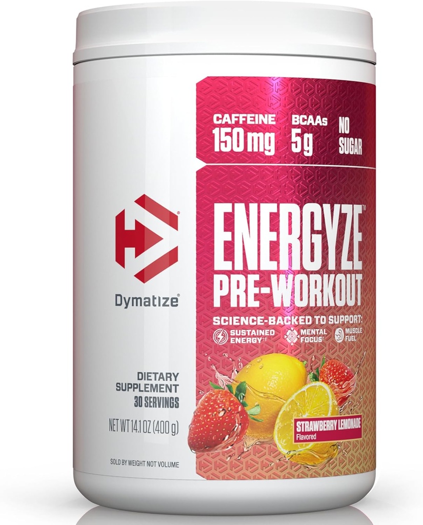 男性と女性のためのDymatize Energyzeプレワークアウトパウダー、イチゴレモネード、150mgカフェイン、5g BCAAs、L-テアニン、L-チロシン、L-シトルリン、砂糖(30サービング)のパフォーマンスブレンド