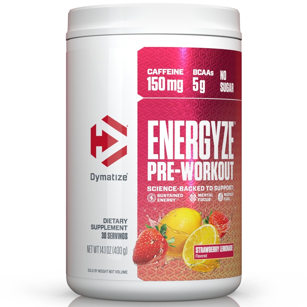 男性と女性のためのDymatize Energyzeプレワークアウトパウダー、イチゴレモネード、150mgカフェイン、5g BCAAs、L-テアニン、L-チロシン、L-シトルリン、砂糖(30サービング)のパフォーマンスブレンド