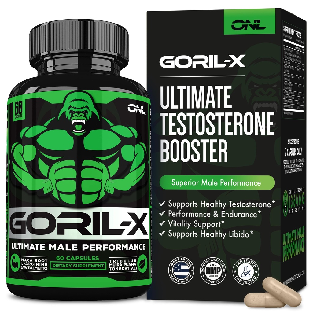 男性のためのGORIL-Xテストステロンブースター - ワークアウトテストステロンサプリメント - サイズ、強度、エネルギーを増加 - 1000mg男性の強化ホニーヤギ - マカルート、トンカットアリ&トリブラステルレスト60キャップ