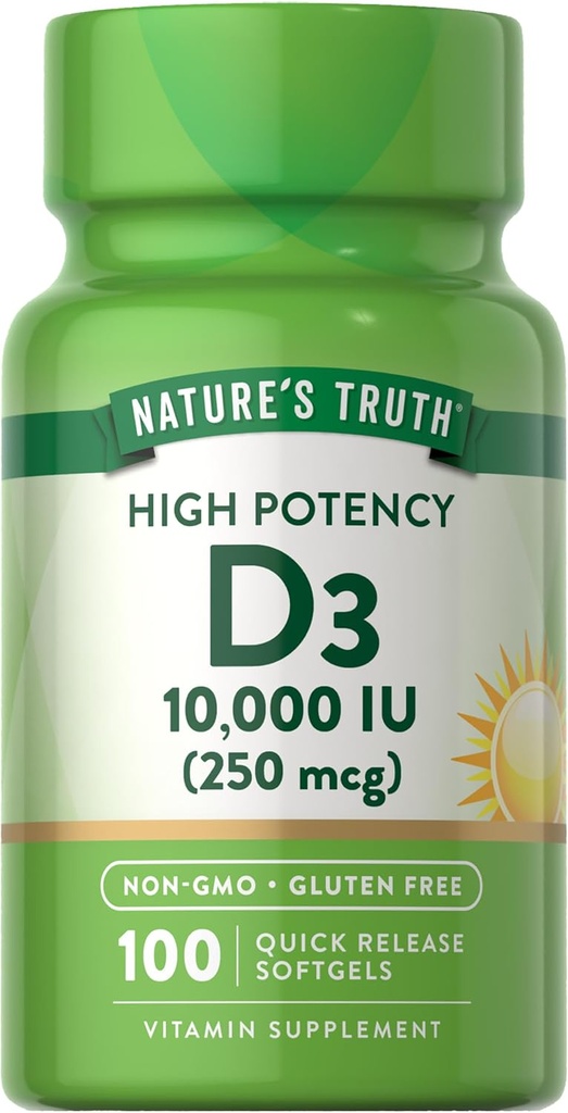 Nature's Truth D3ビタミン10,000 IU Softgelsサプリメント | 100カウント | 高効力フォーミュラ | 非GMOとグルテンフリー