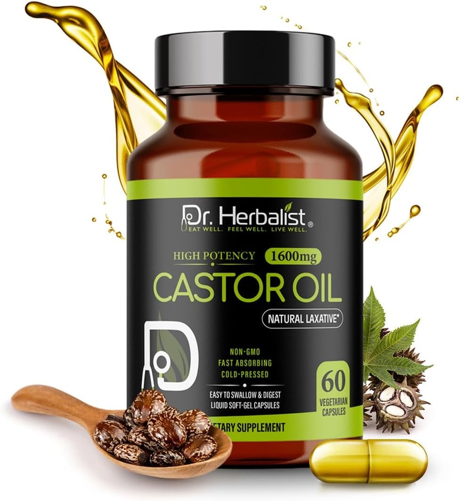 Dr. HERBALIST Castor Oil Capsules - 1600mg per Serving, 60 Count - Non-GMO, Fast-Absorbing, Vegetarian, Cold-Pressed, and High Potency - Supports Skin, Hair, Natural Laxatives and Digestive Health
