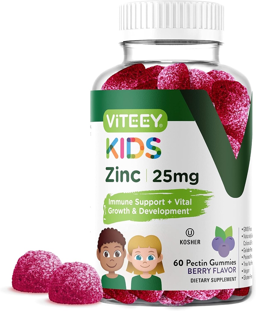 子供のためのViteey亜鉛グミー、25mg - 免疫サポート - 強力な自然酸化防止剤、キッズ亜鉛ビタミンサプリメント - ビーガン、ゼラチンフリー、グルテンフリー - おいしいChewableベリー風味ガミー