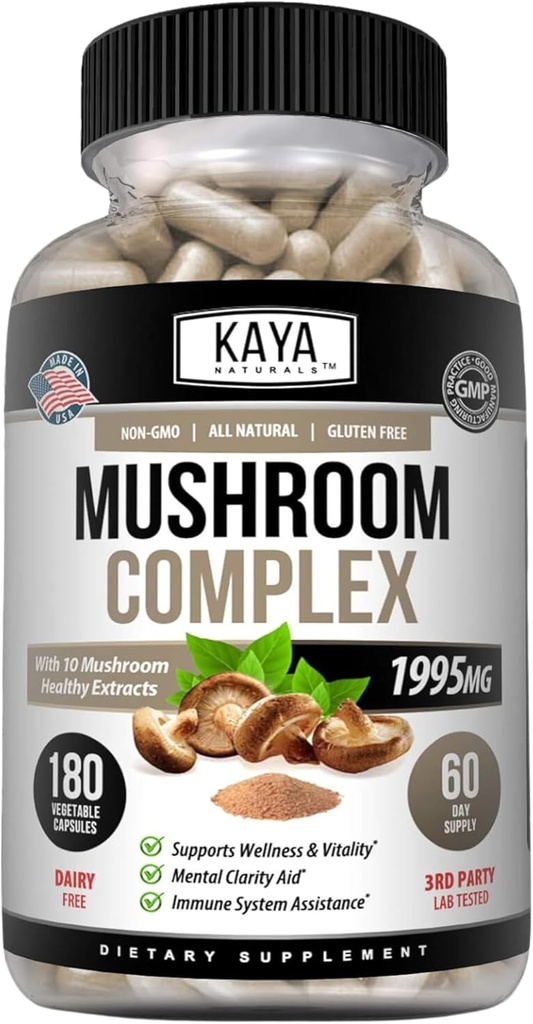 Kaya Naturals Premium Mushroom Complex Potent - Mushroom Supplement - Mushroom Complex Capsules 1995mg Per Serving - Aids Mental Clarity Supports Immune System, Wellness & Vitality - 180 Count