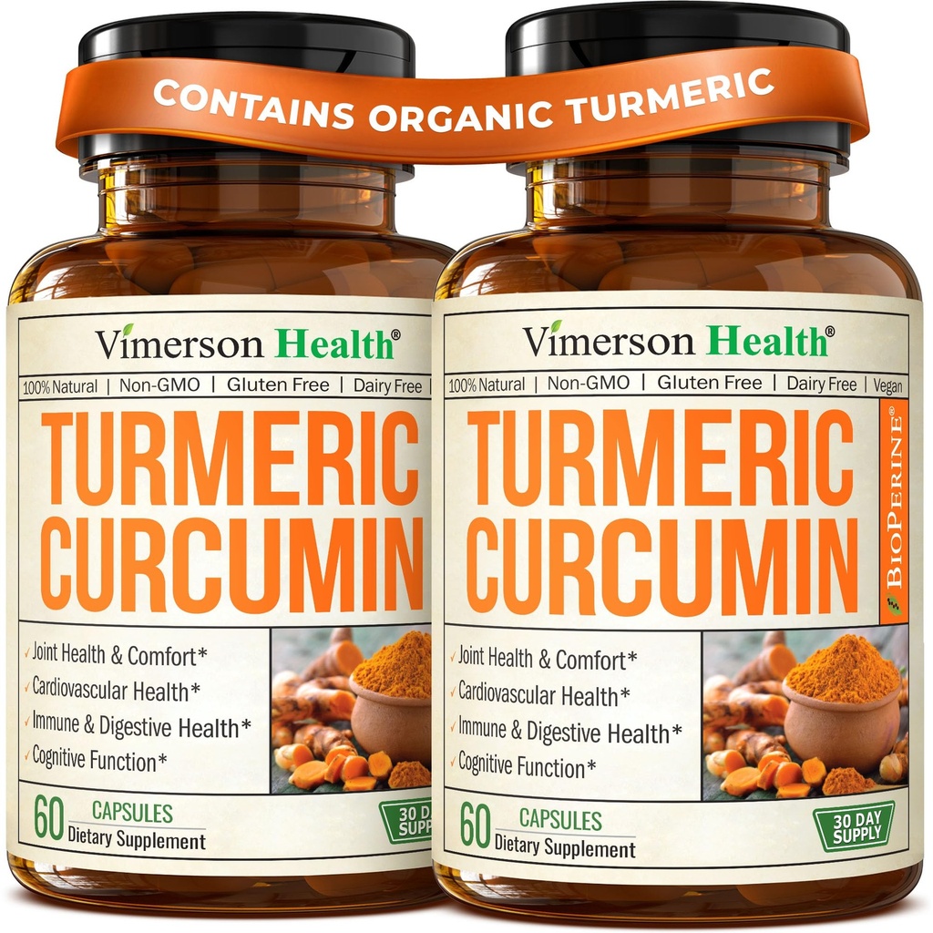 黒いペッパーのエキスが付いているTurmeric Curcuminの補足-接合箇所及び消化器の健康のための高い効力の有機性Turmeric 1200mg及び95% Curcuminoids -共同サポート補足- 60のcurcumaのカプセル- 2のパック
