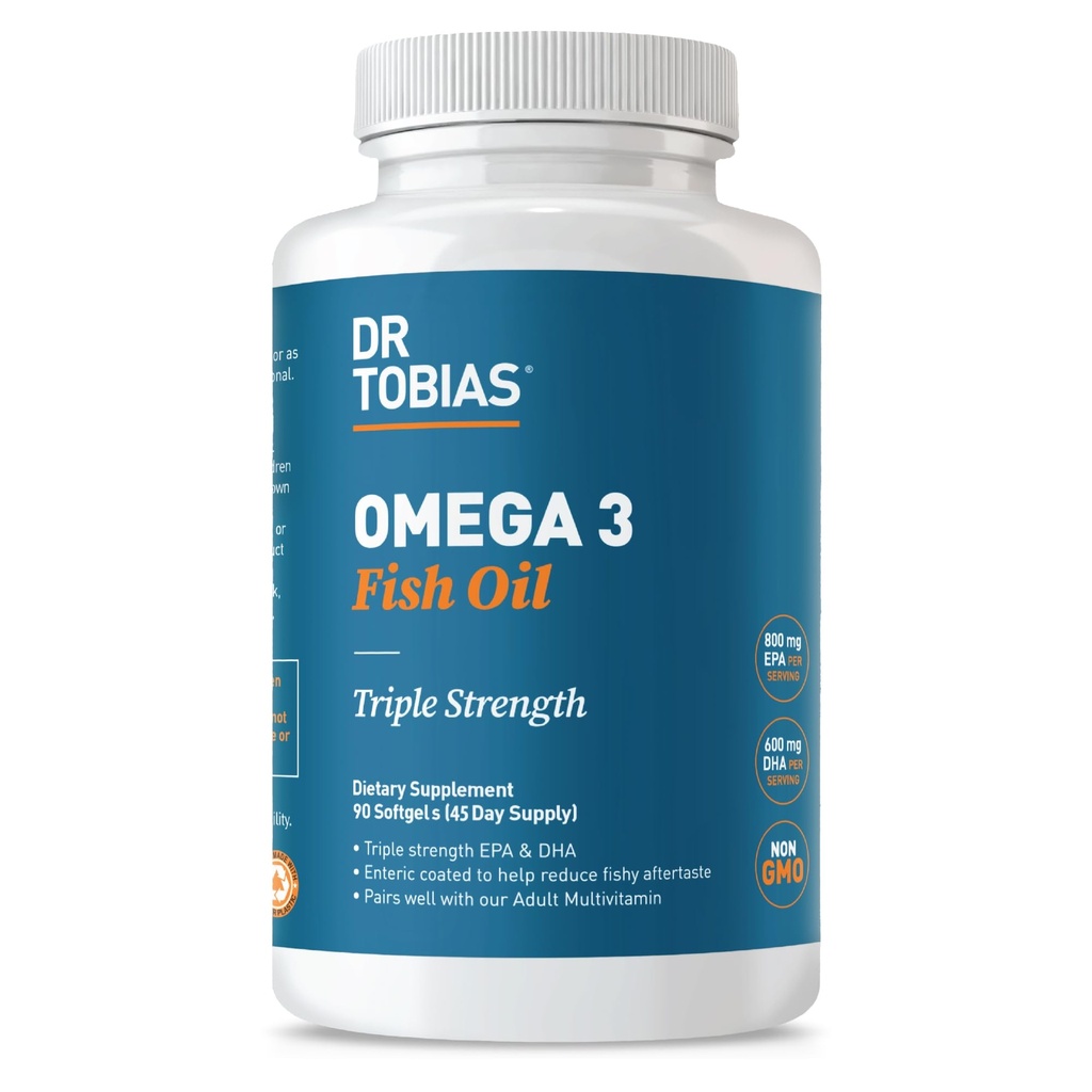 Dr. Tobias Omega 3 フィッシュ オイル, 2000 mg トリプル 強度 800 mg EPA 600 mg DHA サービングあたり, 魚油オメガ 3 心のためのサプリメント, 脳 & 免疫サポート, 90 ソフトゲル, 45 サービング