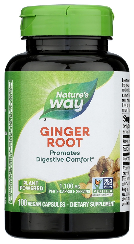 Nature's Way Ginger Root, 消化の快適さを促進*, 1,100 2カプセルのサービングあたりのmg, Non-GMOプロジェクト検証, ビーガン, 100カプセル