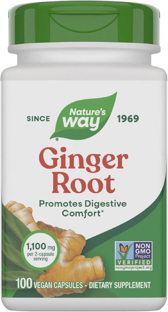 Nature's Way Ginger Root, 消化の快適さを促進*, 1,100 2カプセルのサービングあたりのmg, Non-GMOプロジェクト検証, ビーガン, 100カプセル