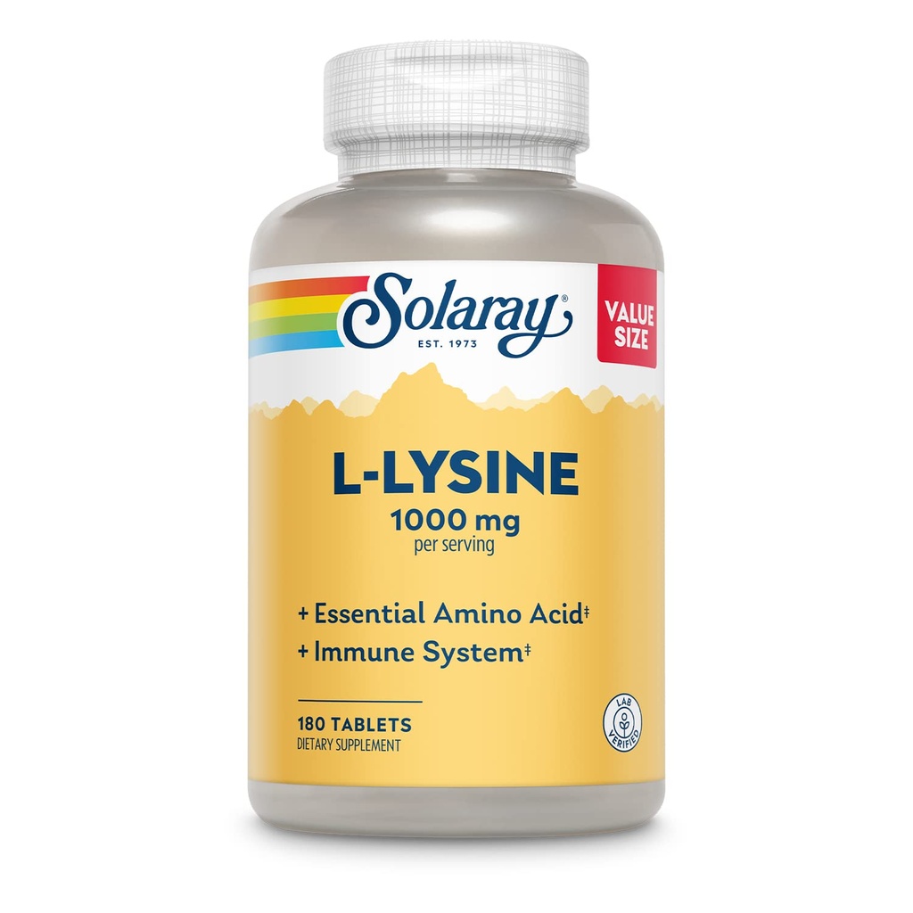 SOLARAY L-Lysine、フリーフォーム1000mg、ビタミンC 1,000mgと亜鉛25mg、値サイズ、ラボ検証、60日間保証、60サービング、180錠のエッセンシャルアミノ酸免疫サポートサプリメント