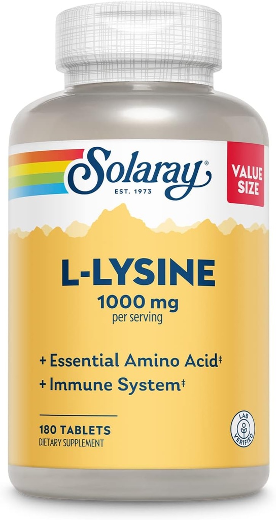 SOLARAY L-Lysine、フリーフォーム1000mg、ビタミンC 1,000mgと亜鉛25mg、値サイズ、ラボ検証、60日間保証、60サービング、180錠のエッセンシャルアミノ酸免疫サポートサプリメント