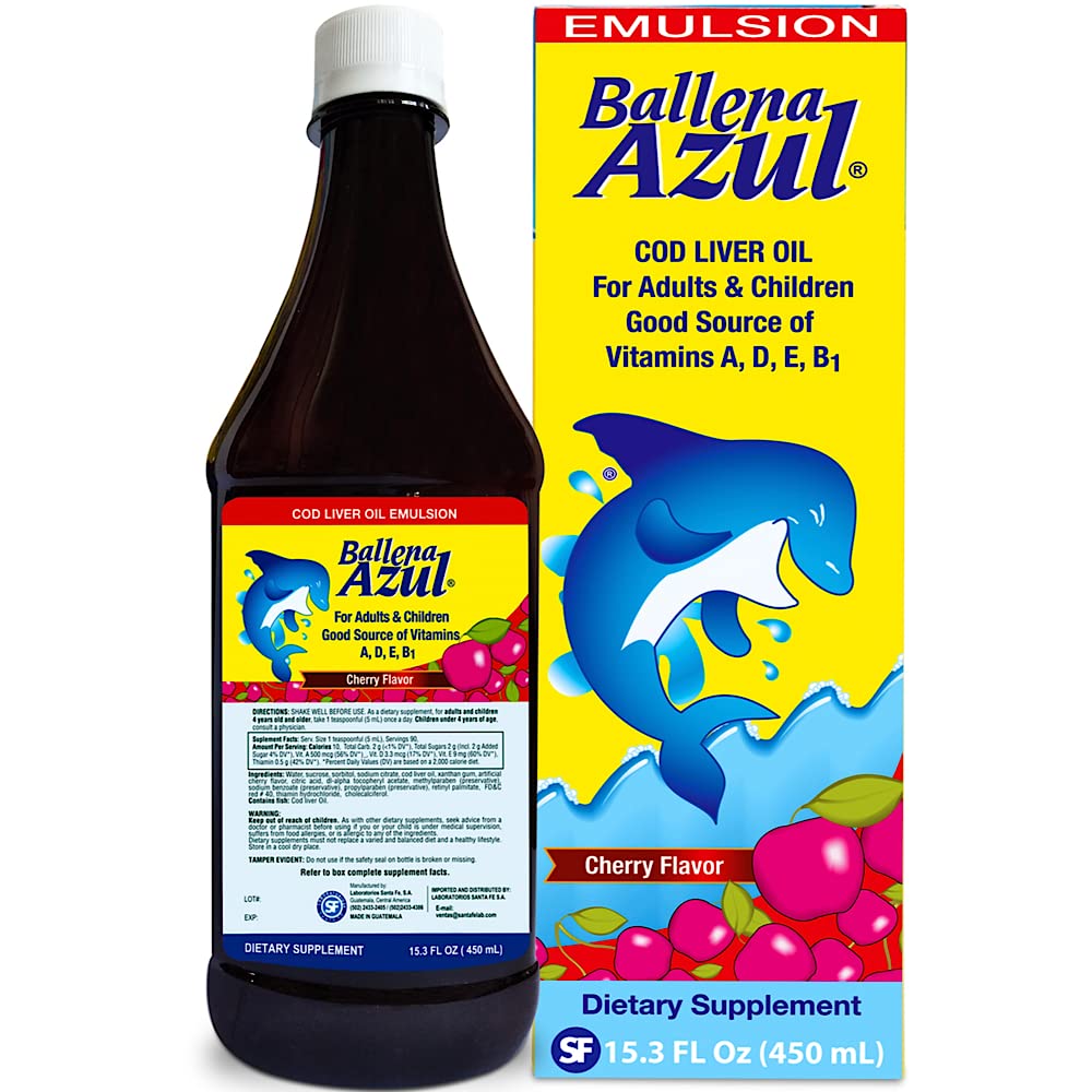Ballena Azul Aceite de Hígado de Bacalao para Adultos y Niños, COD Liver Oil for Adult and Children,Vitamins A,D,E, B1, 栄養補助食品, Omega 3, Inmune System Boost, Cherry (Cherry 15 OZ)