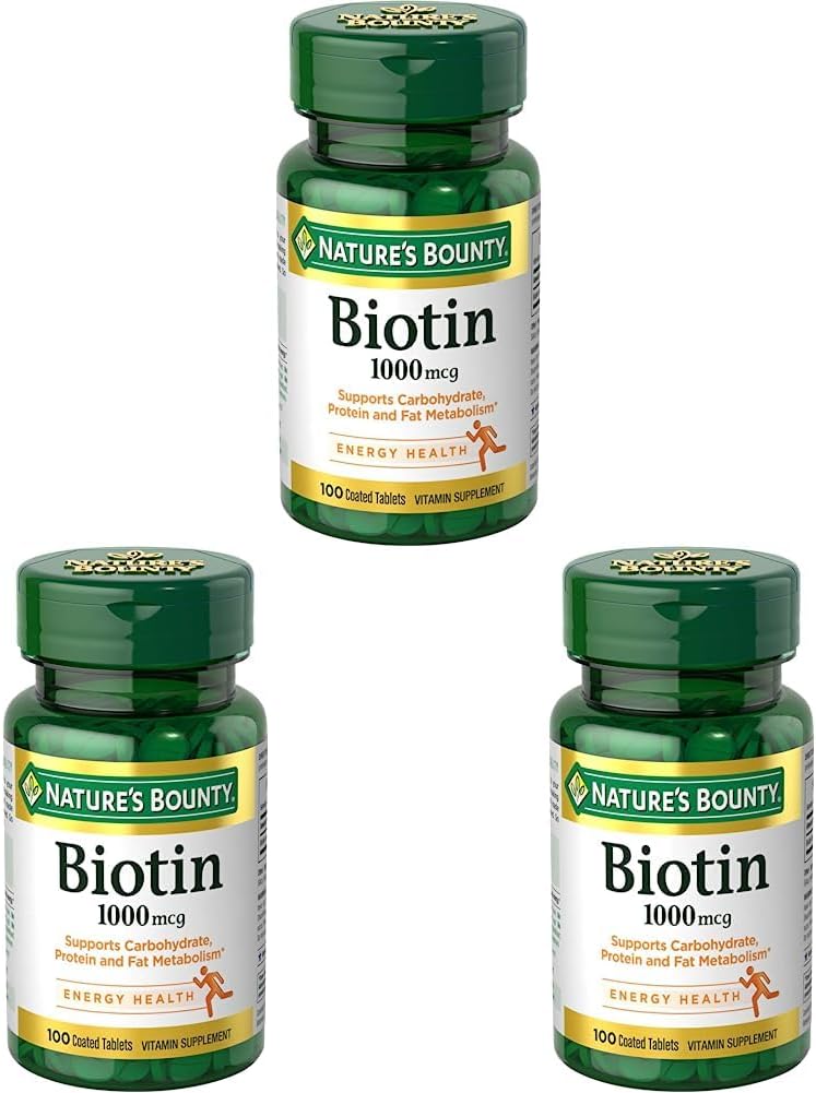 Nature's Bounty Biotin、ビタミンサプリメント、セルラーエネルギーと健康な髪、皮膚、爪、1000 mcg、100錠(パッケージ3)
