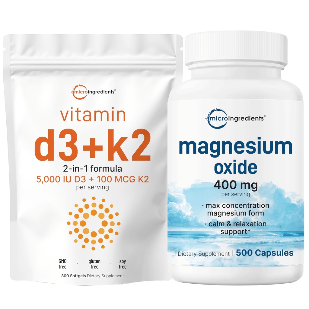 マイクロ成分ビタミンD3 5,000iu + K2 100mcg Softgels & マグネシウム酸化物400mg束パック | エッセンシャルサンシャインビタミン | 最大濃度の元素形態