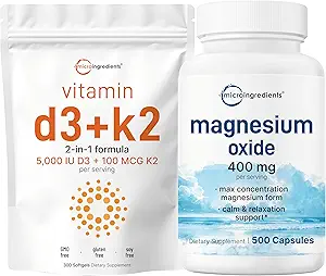 Micro Ingredients Vitamin D3 5,000iu + K2 100mcg Softgels & Magnesium Oxide 400mg Bundle Pack | Essential Sunshine Vitamins | Elemental Form for Max Concentration